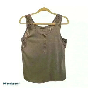 Grey tank top with crochet detail.